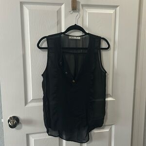 Black sheer top with half button up design